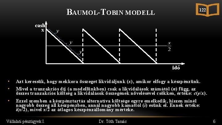 BAUMOL-TOBIN MODELL 122 cash x idő • • Azt keressük, hogy mekkora összeget likvidáljunk