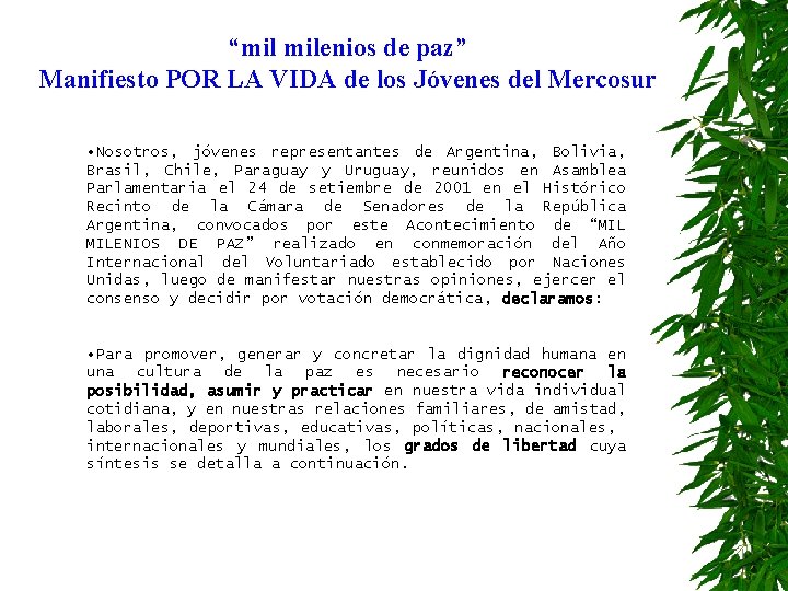 “mil milenios de paz” Manifiesto POR LA VIDA de los Jóvenes del Mercosur •