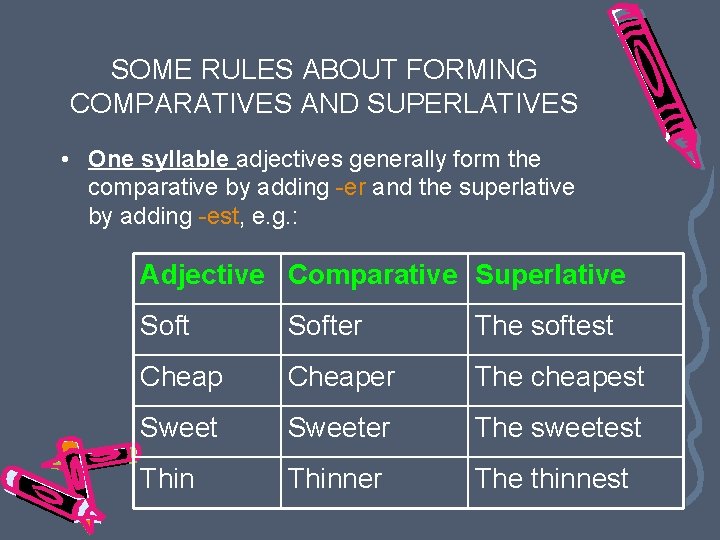 SOME RULES ABOUT FORMING COMPARATIVES AND SUPERLATIVES • One syllable adjectives generally form the SOME RULES ABOUT FORMING COMPARATIVES AND SUPERLATIVES • One syllable adjectives generally form the