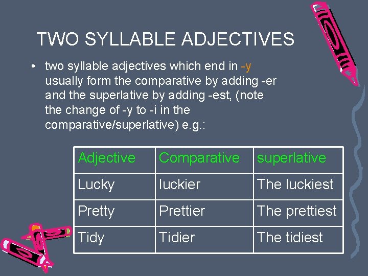TWO SYLLABLE ADJECTIVES • two syllable adjectives which end in -y usually form the TWO SYLLABLE ADJECTIVES • two syllable adjectives which end in -y usually form the