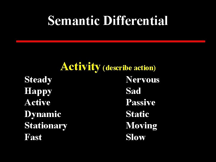 Semantic Differential Activity (describe action) Steady Happy Active Dynamic Stationary Fast Nervous Sad Passive