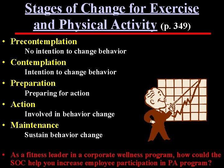 Stages of Change for Exercise and Physical Activity (p. 349) • Precontemplation No intention