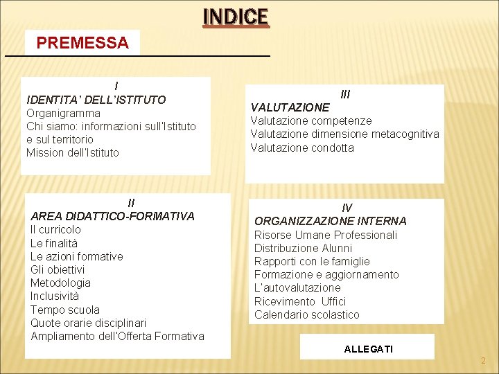 INDICE PREMESSA I III IDENTITA’ DELL’ISTITUTO VALUTAZIONE Organigramma Valutazione competenze Chi siamo: informazioni sull’Istituto