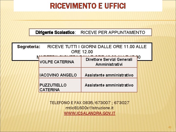 RICEVIMENTO E UFFICI Dirigente Scolastico: RICEVE PER APPUNTAMENTO Segreteria: RICEVE TUTTI I GIORNI DALLE