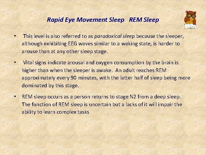Rapid Eye Movement Sleep REM Sleep • This level is also referred to as