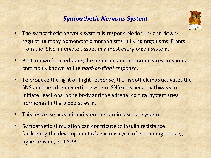 Sympathetic Nervous System • The sympathetic nervous system is responsible for up- and downregulating