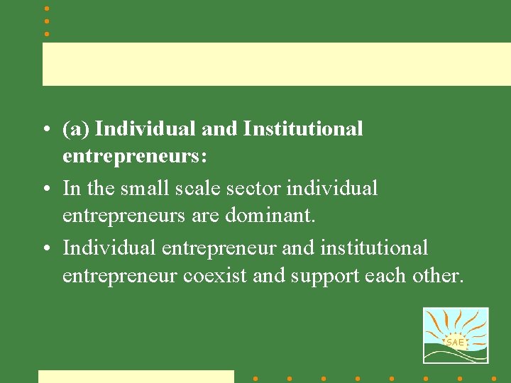  • (a) Individual and Institutional entrepreneurs: • In the small scale sector individual
