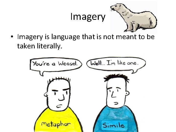 Imagery • Imagery is language that is not meant to be taken literally. 