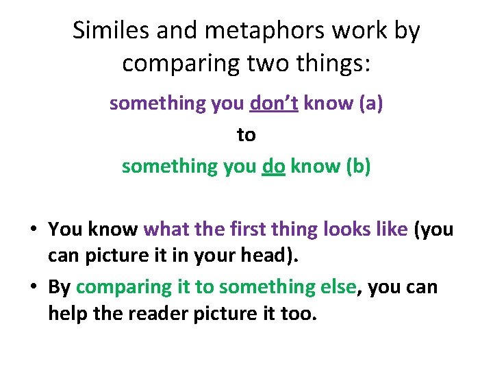 Similes and metaphors work by comparing two things: something you don’t know (a) to