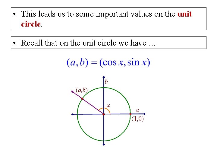 • This leads us to some important values on the unit circle. •