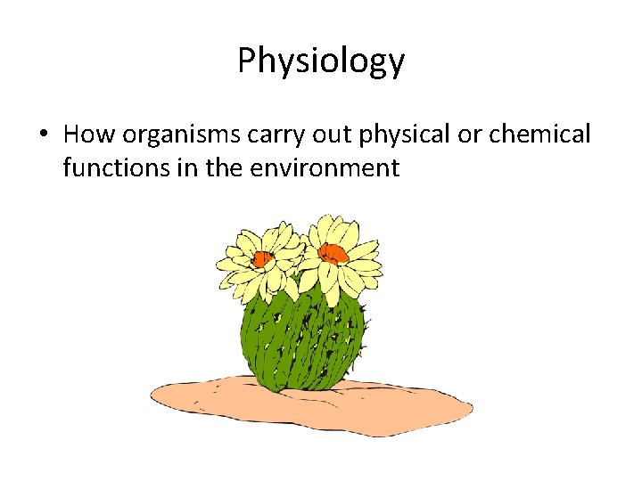 Physiology • How organisms carry out physical or chemical functions in the environment 