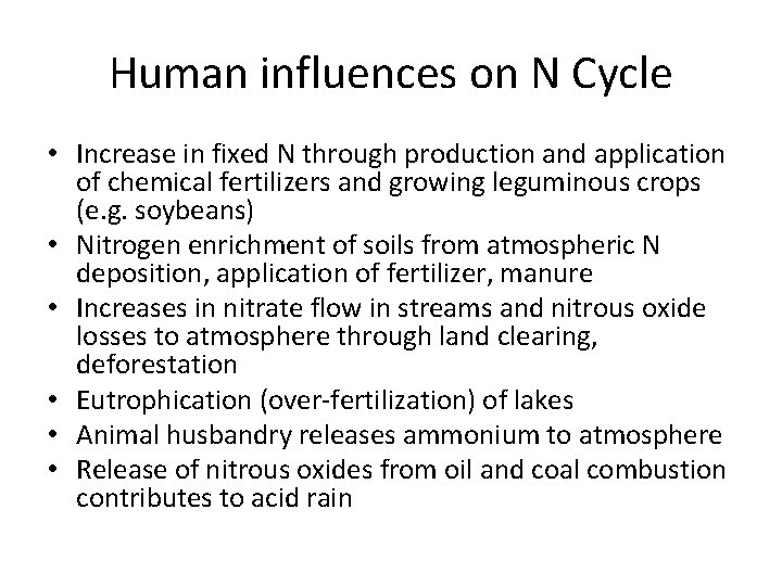 Human influences on N Cycle • Increase in fixed N through production and application