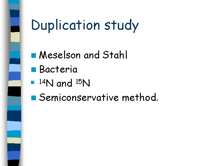 Duplication study n Meselson and Stahl n Bacteria and 15 N n Semiconservative method. Duplication study n Meselson and Stahl n Bacteria and 15 N n Semiconservative method.