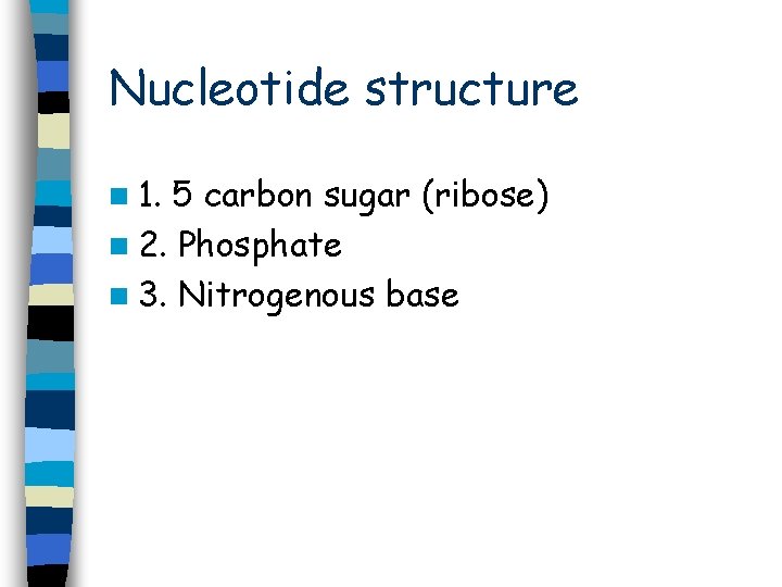 Nucleotide structure n 1. 5 carbon sugar (ribose) n 2. Phosphate n 3. Nitrogenous Nucleotide structure n 1. 5 carbon sugar (ribose) n 2. Phosphate n 3. Nitrogenous