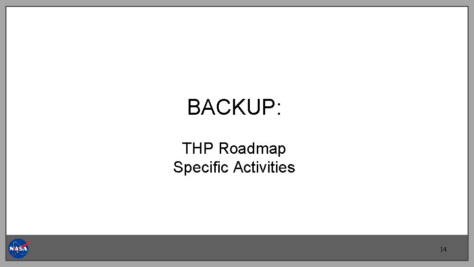 BACKUP: THP Roadmap Specific Activities 14 BACKUP: THP Roadmap Specific Activities 14