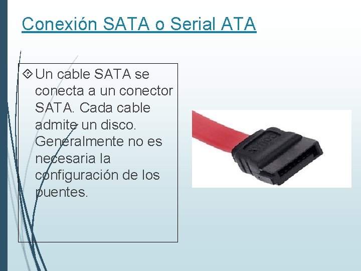 Conexión SATA o Serial ATA Un cable SATA se conecta a un conector SATA.