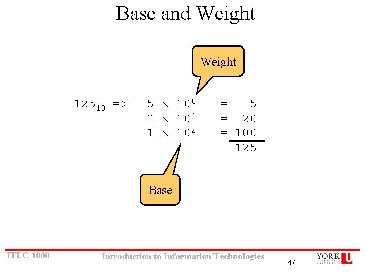Base and Weight 12510 => 5 x 100 2 x 101 1 x 102 Base and Weight 12510 => 5 x 100 2 x 101 1 x 102