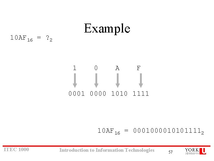 Example 10 AF 16 = ? 2 1 0 A F 0001 0000 1010 Example 10 AF 16 = ? 2 1 0 A F 0001 0000 1010