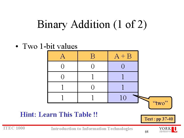 Binary Addition (1 of 2) • Two 1 -bit values A 0 0 1 Binary Addition (1 of 2) • Two 1 -bit values A 0 0 1