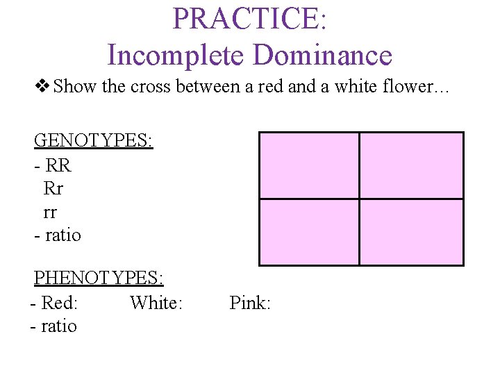 PRACTICE: Incomplete Dominance v Show the cross between a red and a white flower…