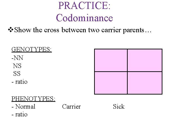 PRACTICE: Codominance v. Show the cross between two carrier parents… GENOTYPES: -NN NS SS