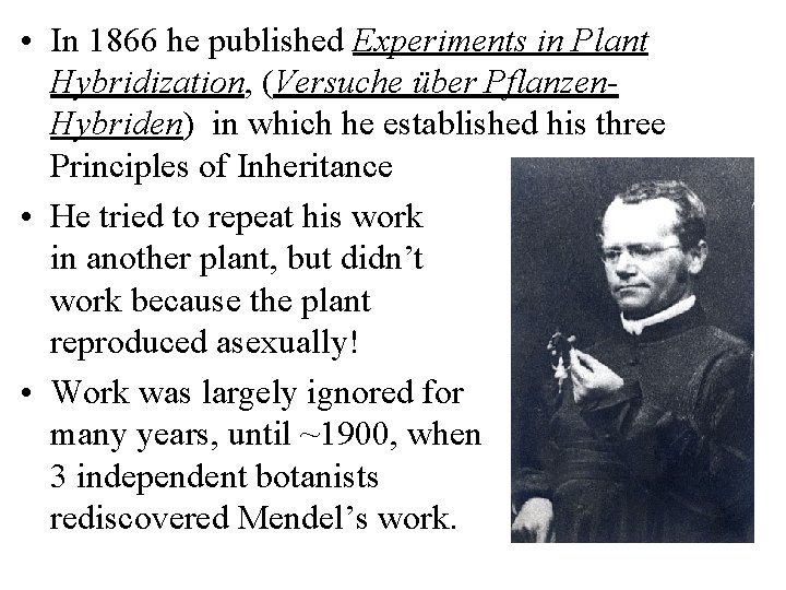  • In 1866 he published Experiments in Plant Hybridization, (Versuche über Pflanzen. Hybriden)