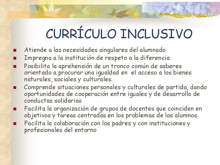 CURRÍCULO INCLUSIVO n n n Atiende a las necesidades singulares del alumnado Impregna a