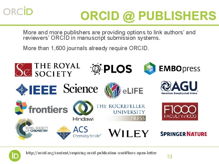 ORCID @ PUBLISHERS More and more publishers are providing options to link authors’ and