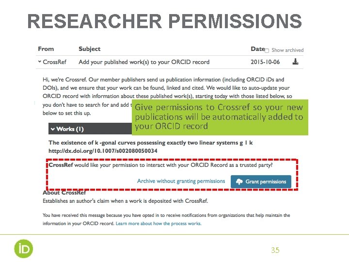RESEARCHER PERMISSIONS Give permissions to Crossref so your new publications will be automatically added