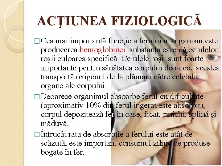 ACŢIUNEA FIZIOLOGICĂ �Cea mai importantă funcţie a ferului în organism este producerea hemoglobinei, substanţa