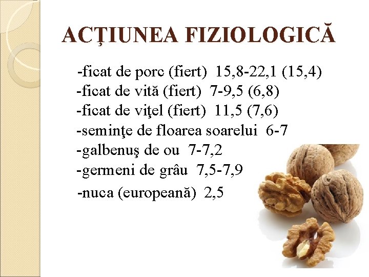 ACŢIUNEA FIZIOLOGICĂ -ficat de porc (fiert) 15, 8 -22, 1 (15, 4) -ficat de