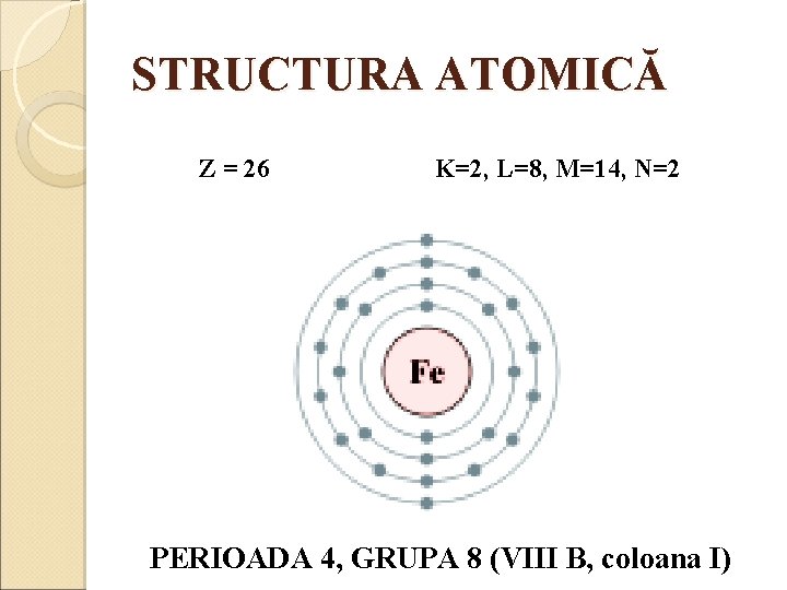 STRUCTURA ATOMICĂ Z = 26 K=2, L=8, M=14, N=2 PERIOADA 4, GRUPA 8 (VIII