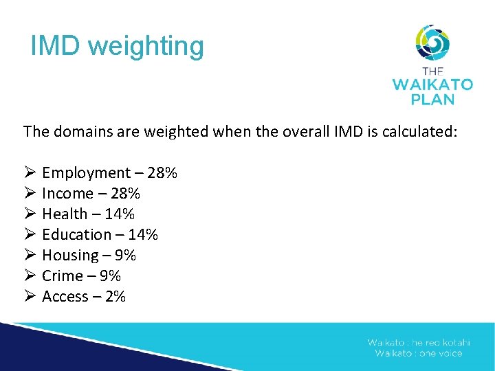IMD weighting The domains are weighted when the overall IMD is calculated: Ø Employment