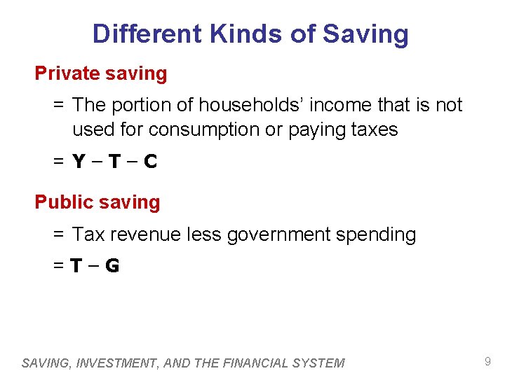 Different Kinds of Saving Private saving = The portion of households’ income that is