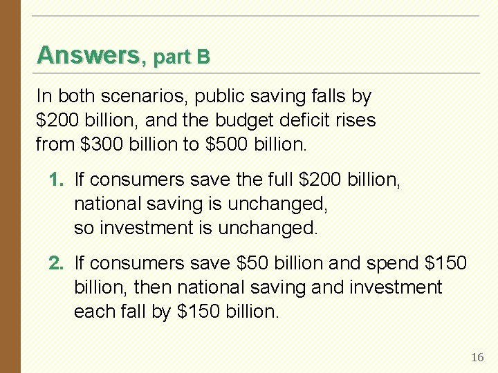 Answers, part B In both scenarios, public saving falls by $200 billion, and the