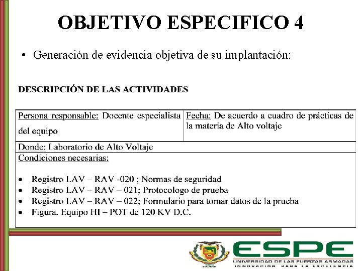 OBJETIVO ESPECIFICO 4 • Generación de evidencia objetiva de su implantación: 