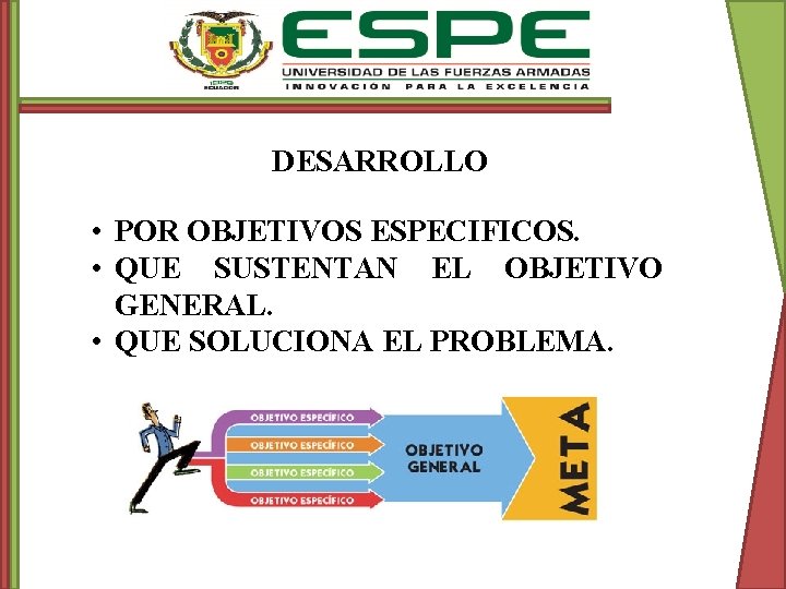 DESARROLLO • POR OBJETIVOS ESPECIFICOS. • QUE SUSTENTAN EL OBJETIVO GENERAL. • QUE SOLUCIONA