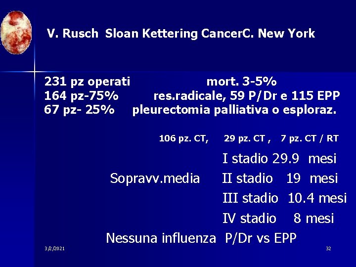 V. Rusch Sloan Kettering Cancer. C. New York 231 pz operati mort. 3 -5%