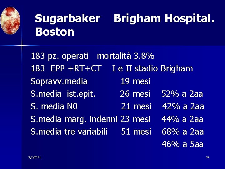 Sugarbaker Boston Brigham Hospital. 183 pz. operati mortalità 3. 8% 183 EPP +RT+CT I