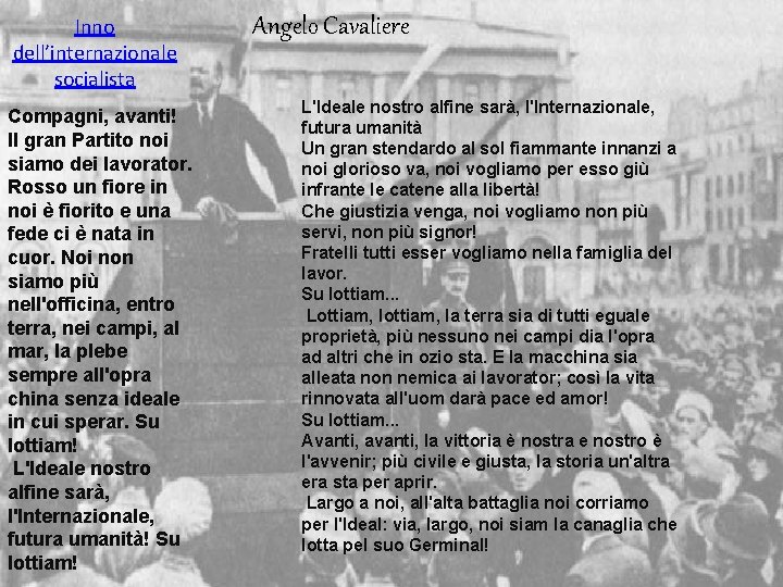 Inno Angelo Cavaliere dell’internazionale socialista Compagni, avanti! Il gran Partito noi siamo dei lavorator. Inno Angelo Cavaliere dell’internazionale socialista Compagni, avanti! Il gran Partito noi siamo dei lavorator.