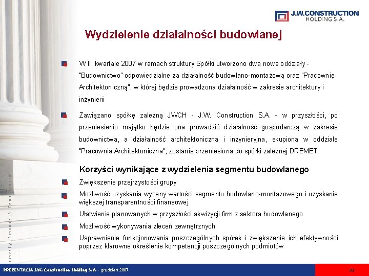 Wydzielenie działalności budowlanej W III kwartale 2007 w ramach struktury Spółki utworzono dwa nowe