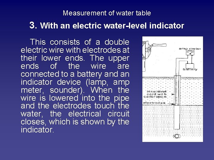 Measurement of water table 3. With an electric water-level indicator This consists of a