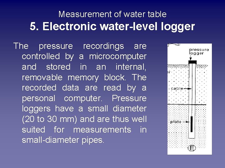 Measurement of water table 5. Electronic water-level logger The pressure recordings are controlled by