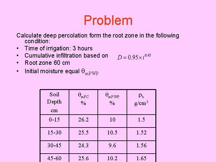 Problem Calculate deep percolation form the root zone in the following condition: • Time