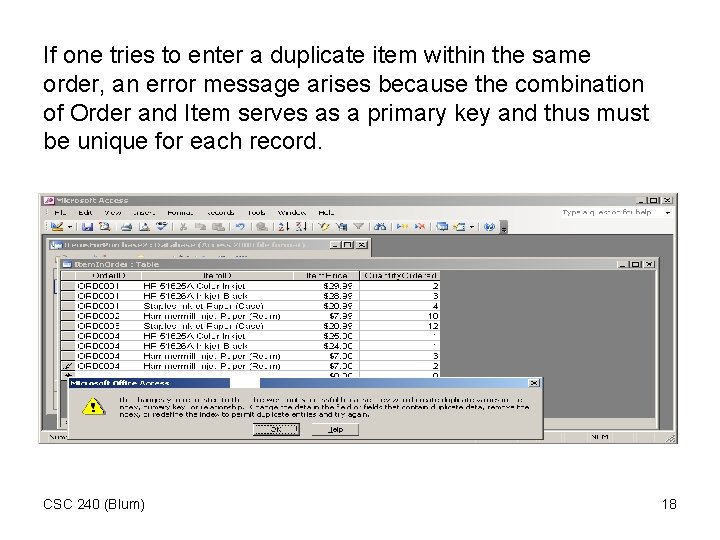 If one tries to enter a duplicate item within the same order, an error