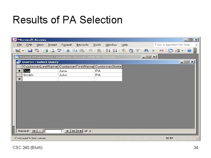 Results of PA Selection CSC 240 (Blum) 34 