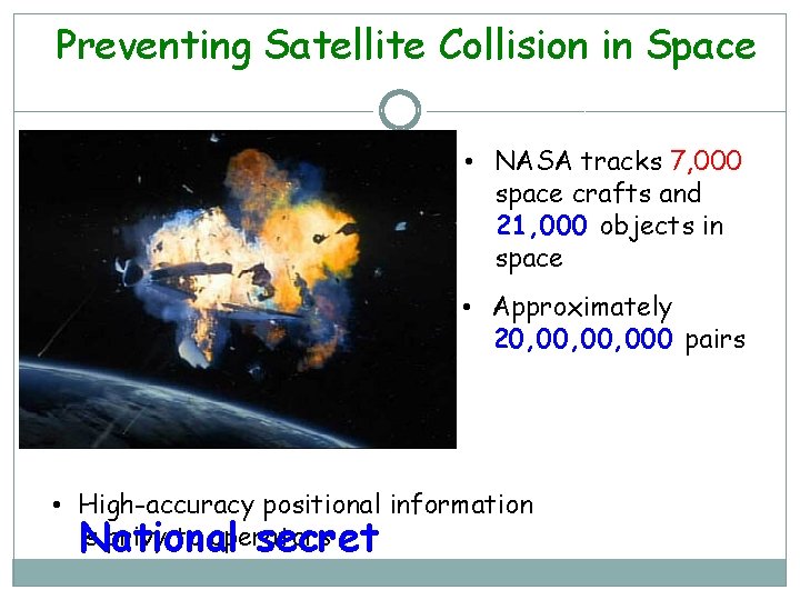 Preventing Satellite Collision in Space • NASA tracks 7, 000 space crafts and 21,