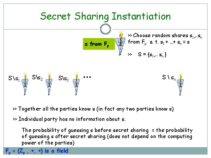 Secret Sharing Instantiation s from Fp >> Choose random shares s 1, . .
