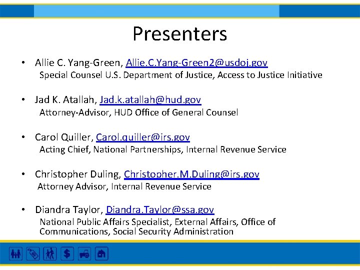 Presenters • Allie C. Yang-Green, Allie. C. Yang-Green 2@usdoj. gov Special Counsel U. S.