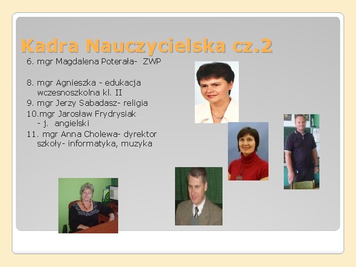 Kadra Nauczycielska cz. 2 6. mgr Magdalena Poterała- ZWP 8. mgr Agnieszka - edukacja